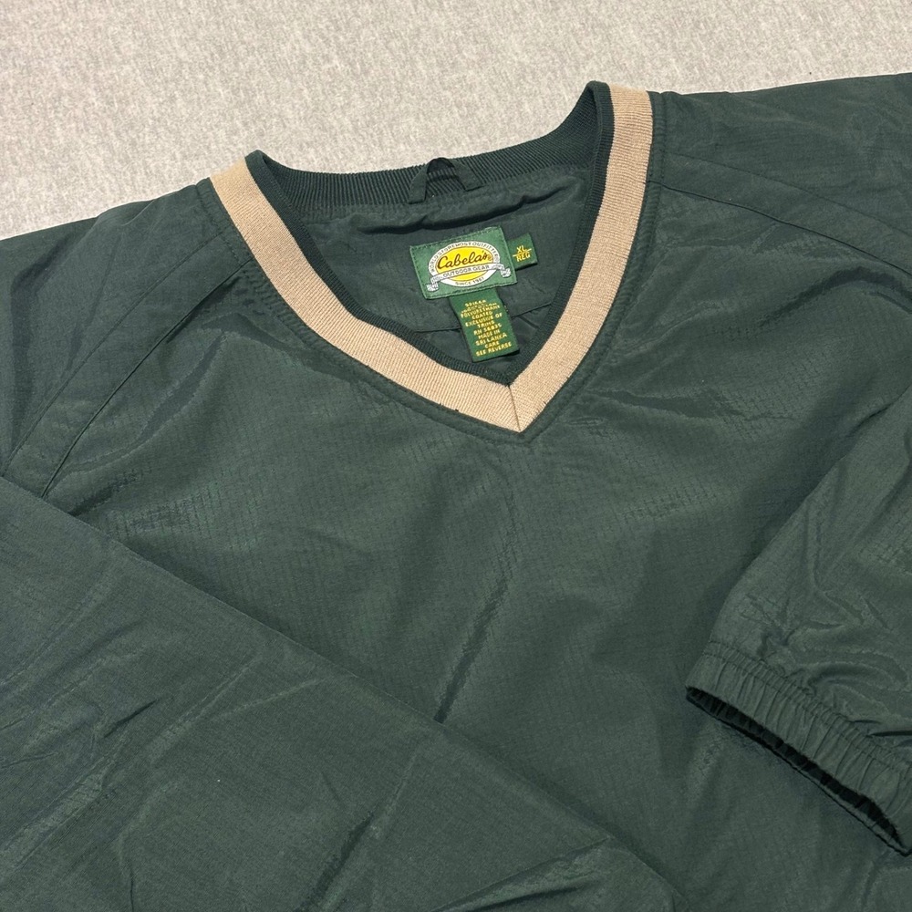 Cabelas Mens XL V-Neck Windbreaker Pullover Ripstop Nylon Green‎ Tan JK274
